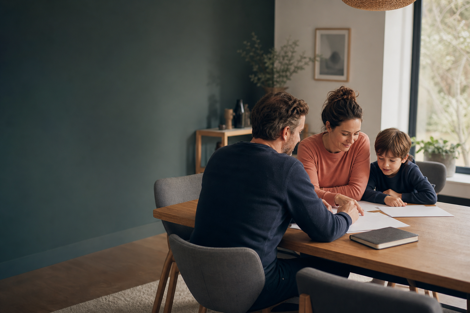 Ruhige Alltagsszene einer Familie an einem hellen Esstisch